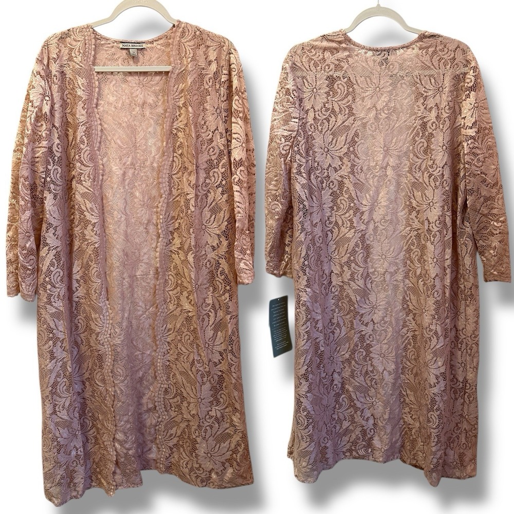 NEW Maya Brooke Dusty Pink Lace Open Front Duster Cardigan Women's 18 Plus Size